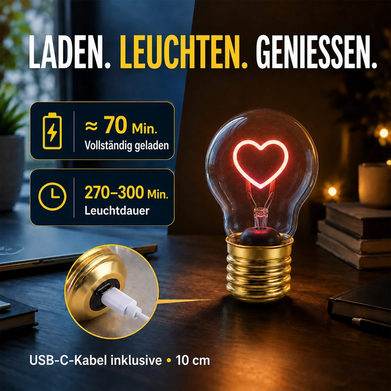 LIVMORE Dekorative Wiederaufladbare LED-Glaslampe mit Love-Motiv & USB-C (ca. 6,5 x 12 cm)