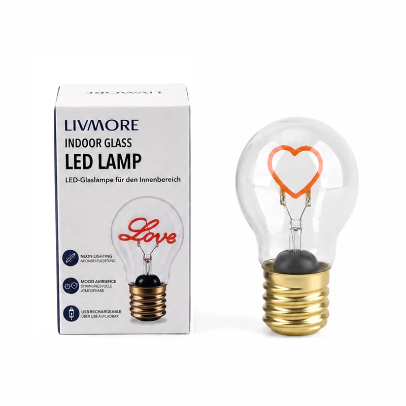 LIVMORE Dekorative Wiederaufladbare LED-Glaslampe mit Love-Motiv & USB-C (ca. 6,5 x 12 cm)
