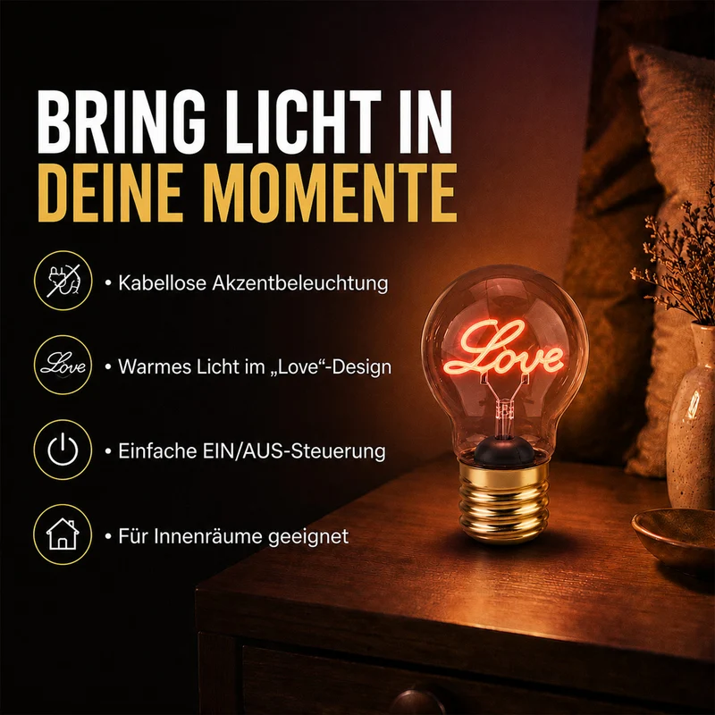 LIVMORE Dekorative Wiederaufladbare LED-Glaslampe mit Love-Motiv & USB-C (ca. 6,5 x 12 cm)