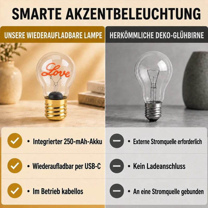 LIVMORE Dekorative Wiederaufladbare LED-Glaslampe mit Love-Motiv & USB-C (ca. 6,5 x 12 cm)