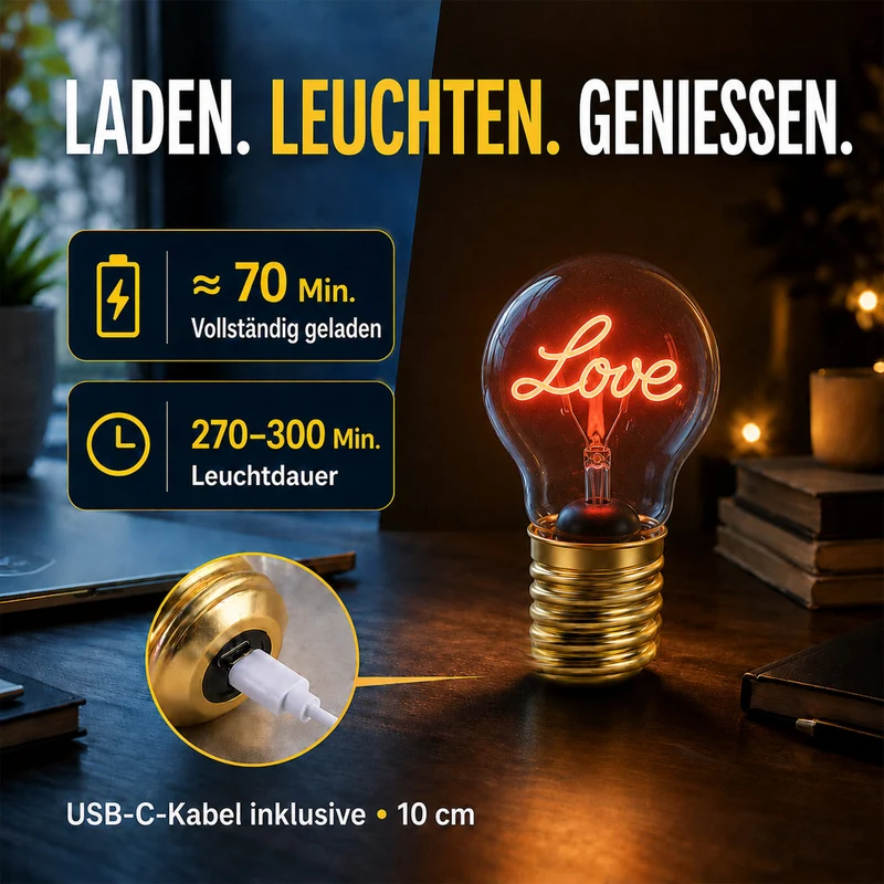 LIVMORE Dekorative Wiederaufladbare LED-Glaslampe mit Love-Motiv & USB-C (ca. 6,5 x 12 cm)
