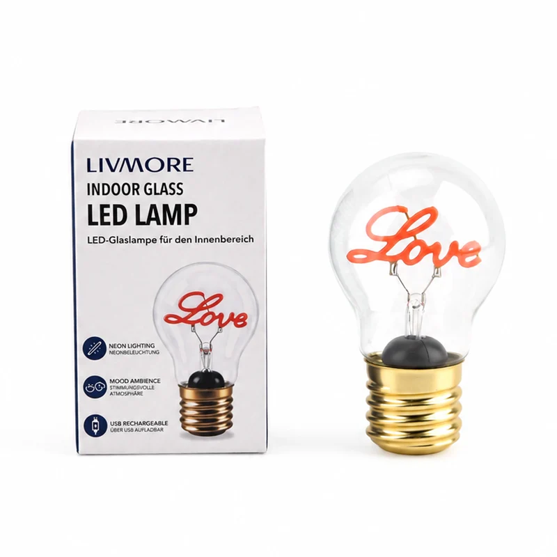 LIVMORE Dekorative Wiederaufladbare LED-Glaslampe mit Love-Motiv & USB-C (ca. 6,5 x 12 cm)