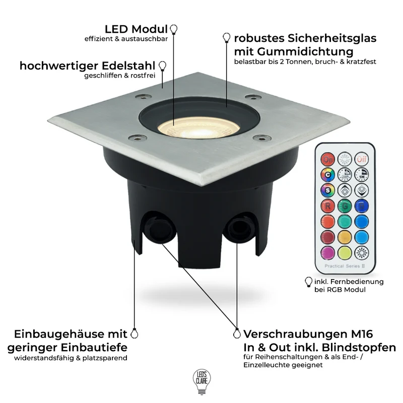 Bodenstrahler Edelstahl eckig IP67 inkl. LED - Modul