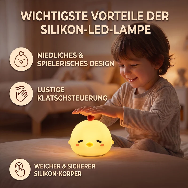LED-Nachtlicht im Küken-Design mit Farbwechsel, Berührungssteuerung und Timer, 8 x 7,5 x 9,5 cm, Weiß