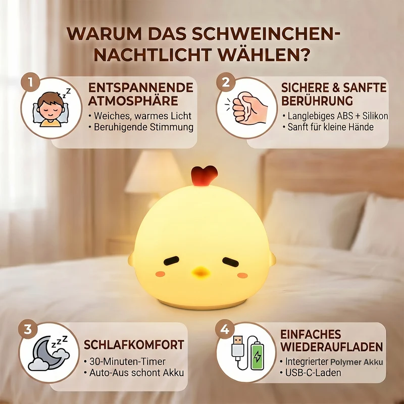 LED-Nachtlicht im Küken-Design mit Farbwechsel, Berührungssteuerung und Timer, 8 x 7,5 x 9,5 cm, Weiß