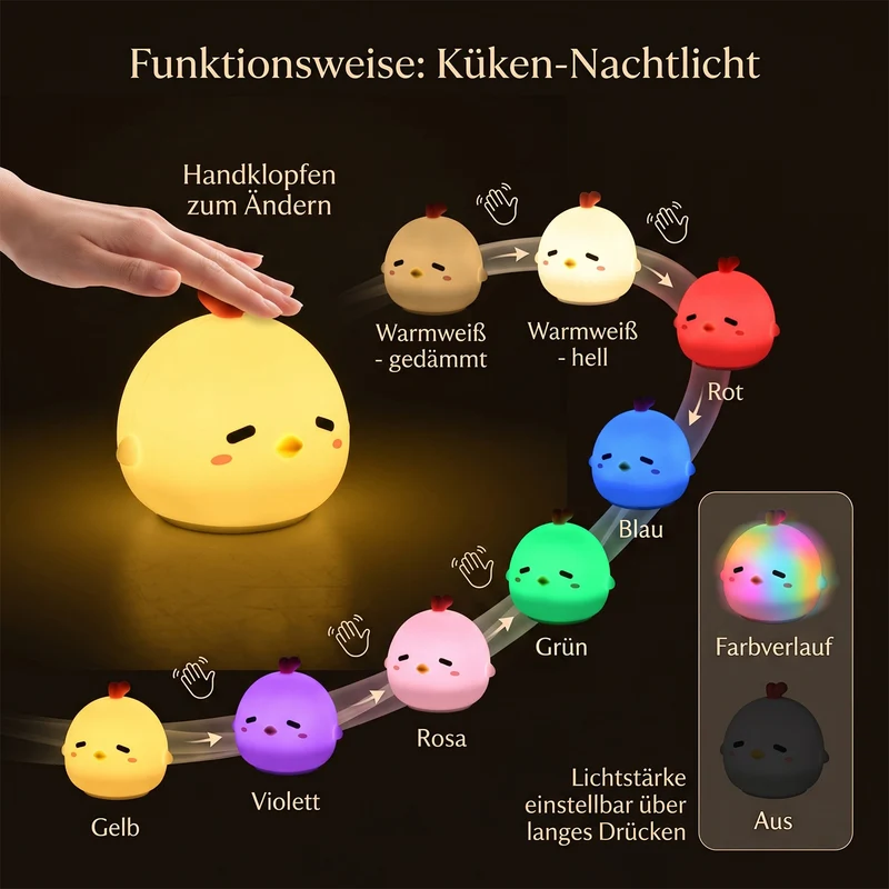 LED-Nachtlicht im Küken-Design mit Farbwechsel, Berührungssteuerung und Timer, 8 x 7,5 x 9,5 cm, Weiß