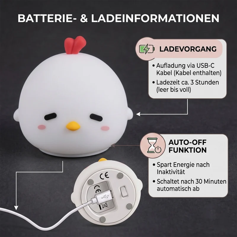 LED-Nachtlicht im Küken-Design mit Farbwechsel, Berührungssteuerung und Timer, 8 x 7,5 x 9,5 cm, Weiß