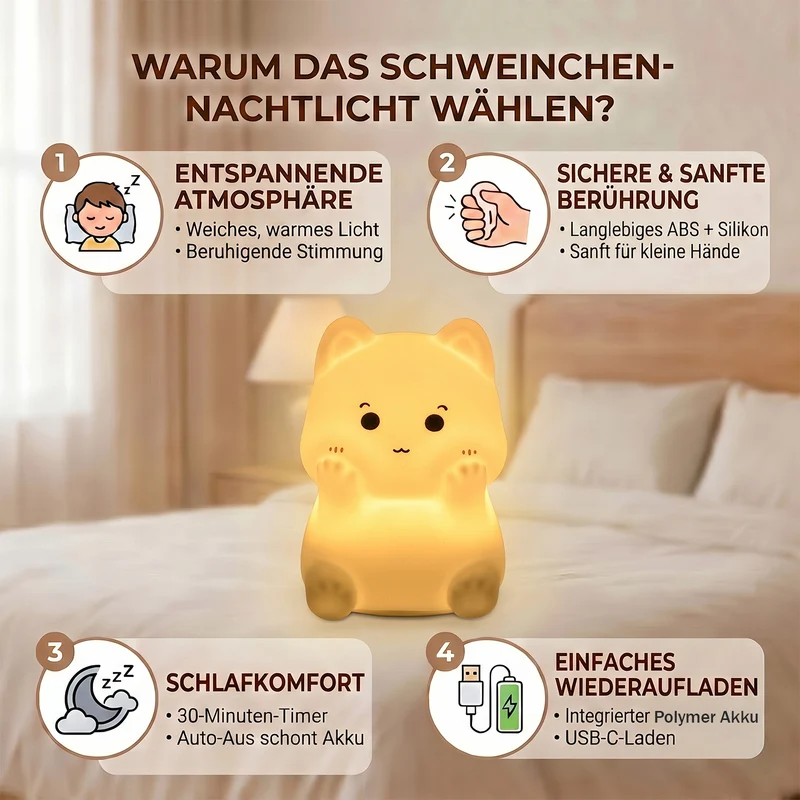 LED-Nachtlicht im Küken-Design mit Farbwechsel, Berührungssteuerung und Timer, 8 x 7,5 x 9,5 cm, Weiß