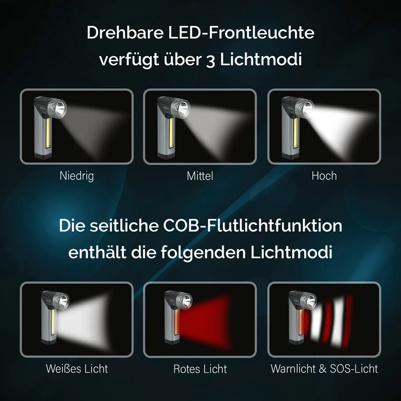 Wiederaufladbare Taschenlampe mit drehbarem LED-Kopf mit 3 Beleuchtungsmodi