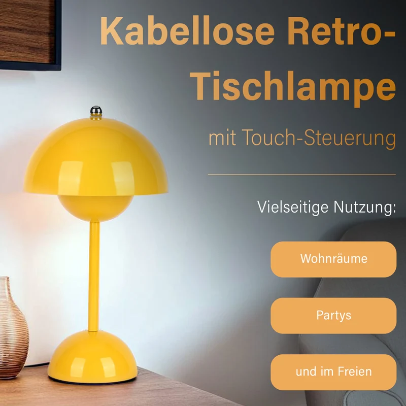 Kabellose Tischlampe - Minimalistisches Pilzdesign, Touch-Steuerung, tragbar mit 1800mAh-Akku für 4-6 Stunden, inkl. Typ-C-Kabel, 16 x 30 cm, Gelb
