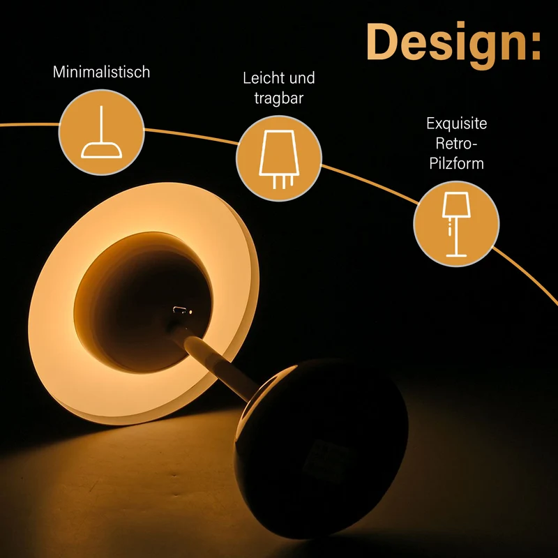 Kabellose Tischlampe - Minimalistisches Pilzdesign, Touch-Steuerung, tragbar mit 1800mAh-Akku für 4-6 Stunden, inkl. Typ-C-Kabel, 16 x 30 cm, Gelb