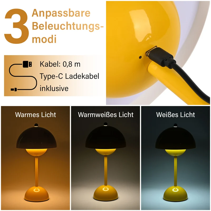 Kabellose Tischlampe - Minimalistisches Pilzdesign, Touch-Steuerung, tragbar mit 1800mAh-Akku für 4-6 Stunden, inkl. Typ-C-Kabel, 16 x 30 cm, Gelb