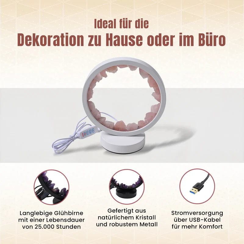 Rosenquarz Kristall Wellnesslampe, LED Leuchte mit Metallsockel, Kippschalter und 12 m Kabel ca. 10x22x18 cm