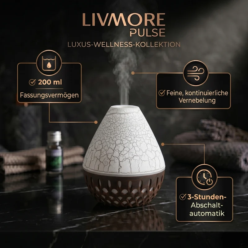 LIVMORE Vulcano Luftbefeuchter und Aromadiffusor mit 7 ätherischen Ölen, LED Farbwechsel, 200ml, Kaffee