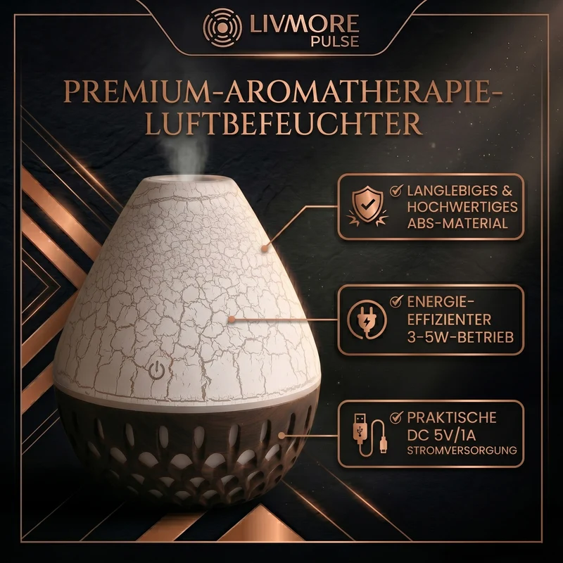 LIVMORE Vulcano Luftbefeuchter und Aromadiffusor mit 7 ätherischen Ölen, LED Farbwechsel, 200ml, Kaffee