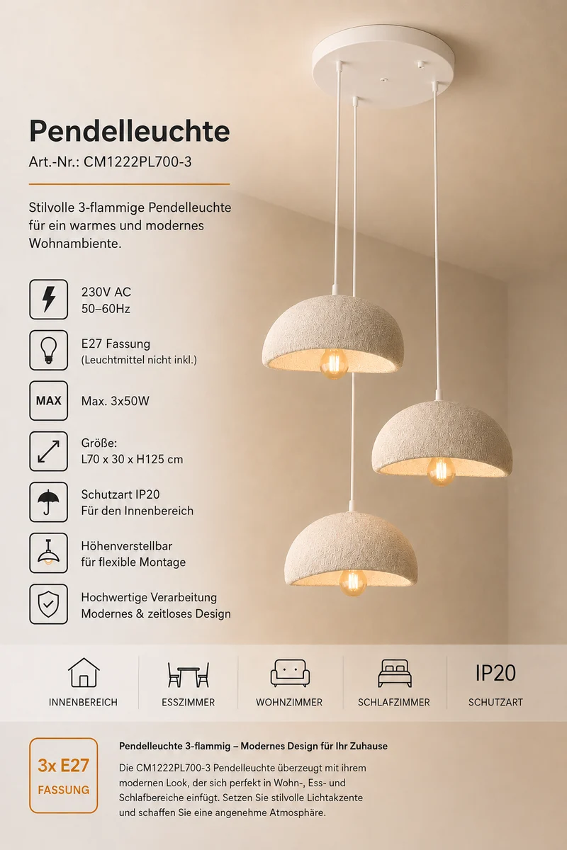 Pendelleuchte 3-flammig beige modern – Boho Stil Leuchte für Esstisch & Wohnzimmer | E27
