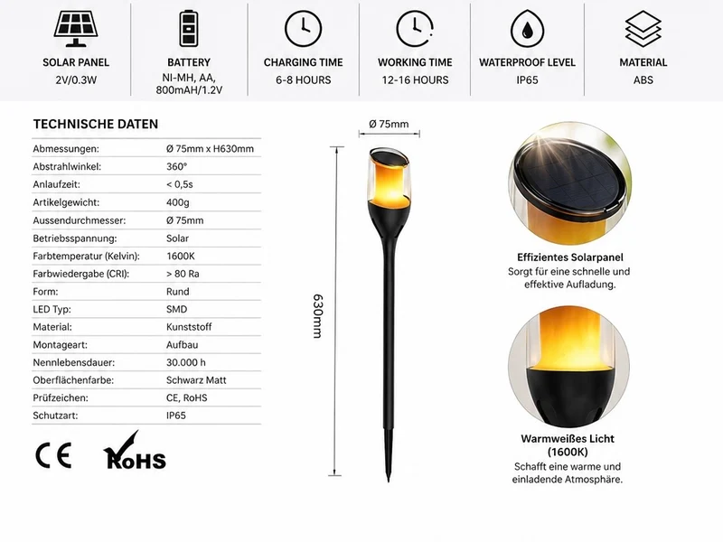 Solarleuchte Fackel LED IP65 | Winterfeste Solarleuchte 2er-Pack