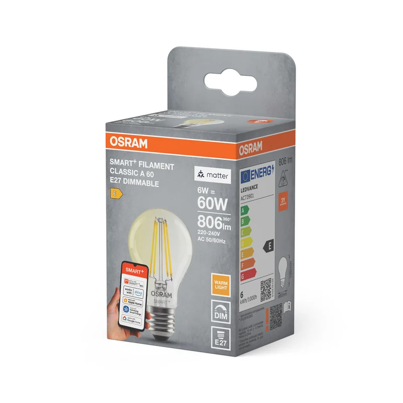 OSRAM SMART+ MATTER Filament Classic shapes Dimmable in A-Form, LED-Lampe, Glas, klar, 6 W, 806 lm, 2700 K, Matter, Smartspeaker-Kompatibel, Dimmbar