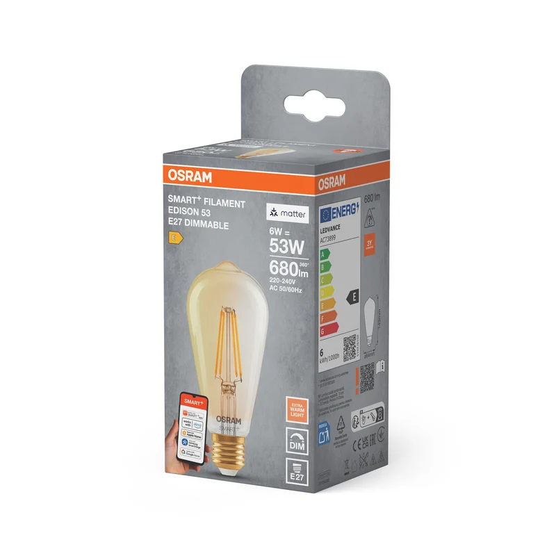 OSRAM SMART+ MATTER Filament Classic shapes Dimmable in Edison-Form, LED-Lampe, Glas, Gold, 6 W, 680 lm, 2400 K, Matter, Smartspeaker-Kompatibel, Dimmbar