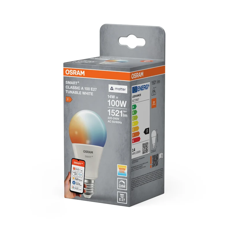 OSRAM SMART+ MATTER Classic shapes Tunable white in A-Form, LED-Lampe, Matt, 14 W, 1521 lm, von 2700 bis 6500 K, Matter, Smartspeaker-Kompatibel, Dimmbar
