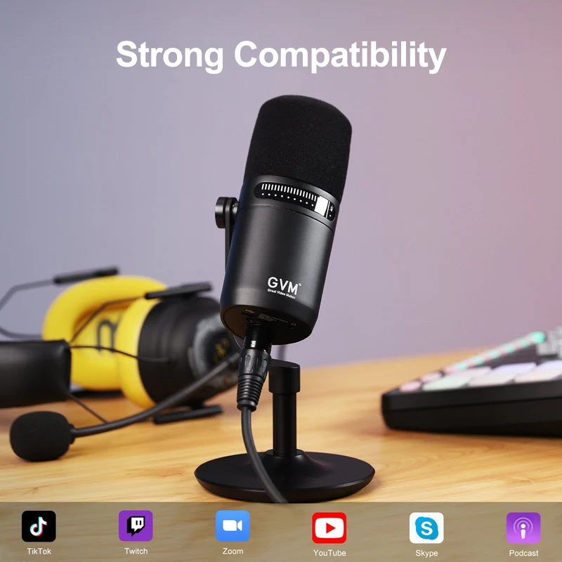 GVM Dynamic Microphone, XLR/USB Podcast Microphone with Mute Button, Monitoring Volume Control, Headphone Jack, Cardioid Gaming Mic, Vocal Mic for PC, MAC, Recording, Studio and Singing