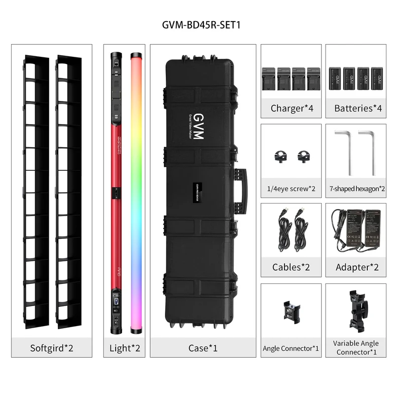 GVM BD45R RGB Tube Light with Softbox, 2 Packs 45W Handheld Wand Light, 48" Full Color LED Tube Light, 2700-10000K Stick Light with APP/DMX Control, 12 Scene Effects, MESH Networking Control Led Video Light