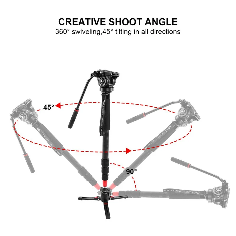 GVM G169 Carbon Fiber 4-Section Monopod with Video Fluid Head