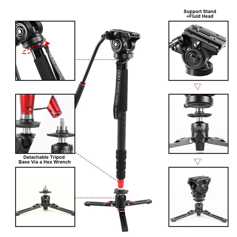 GVM G169 Carbon Fiber 4-Section Monopod with Video Fluid Head