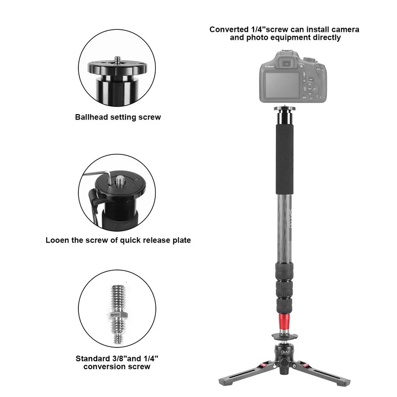 GVM G169 Carbon Fiber 4-Section Monopod with Video Fluid Head