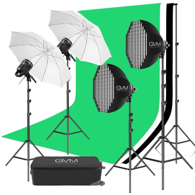 GVM P80S Spotlight 4-Light Kit with Umbrellas, Softboxes, and Backdrops