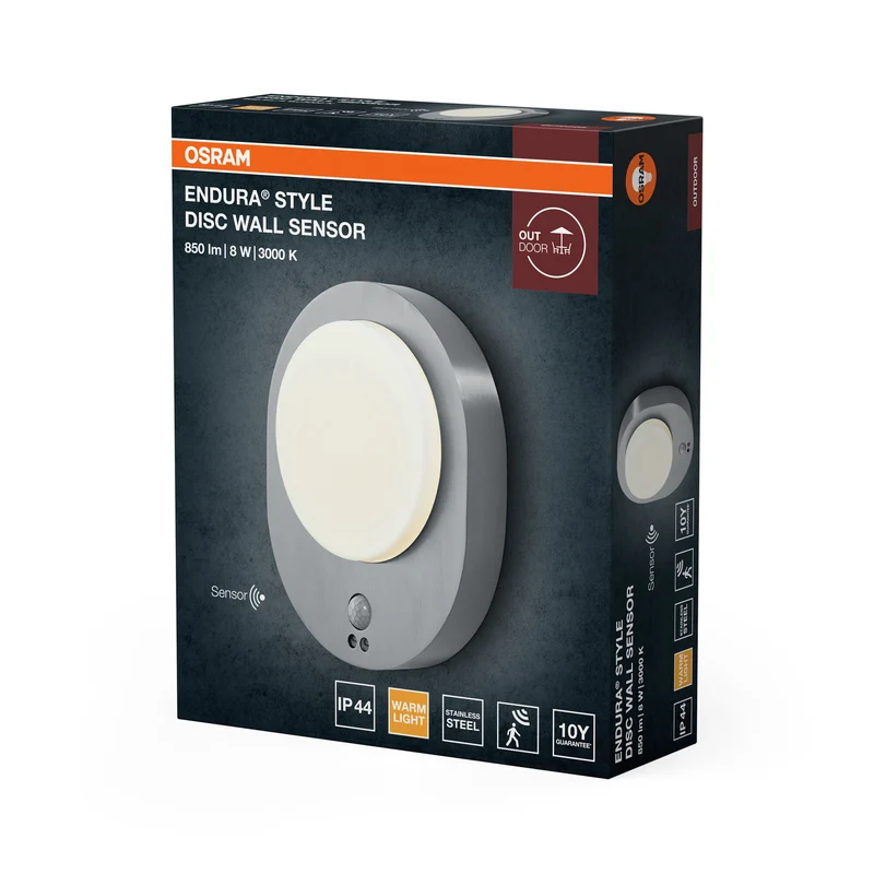 OSRAM ENDURA STYLE DISC Außenwandleuchte Sensor, runde LED-Wandleuchte in Edelstahl mit Bewegungssensor, warmweiß, 3000K, IP44, 8W