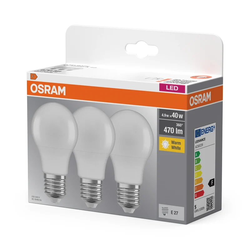 OSRAM LED Lampe Basis Classic A 4,9W 827 Matt E27, 3er Pack