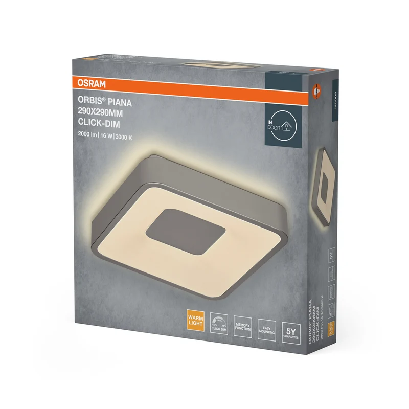 OSRAM Orbis Piana Deckenleuchtre, 290x290 mm, 16W, 3000K, Warmweiß, Click dimmbar, Silber