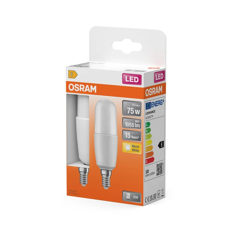 OSRAM LED PCR CLASSIC Sticklampe, 9,5W, 2700K, Warmweiß, Matt, E14