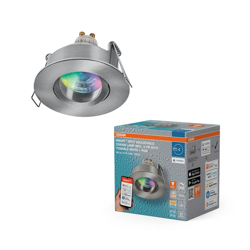 OSRAM Matter SMART+ LED smarter Einbauspot Bad GU10 IP65 schwenkbar 4.7W RGBW Satin-Nickel ⌀68 mm