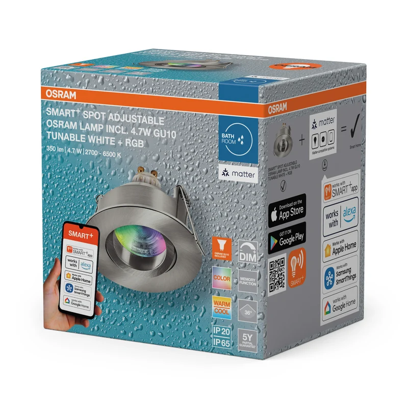 OSRAM Matter SMART+ LED smarter Einbauspot Bad GU10 IP65 schwenkbar 4.7W RGBW Satin-Nickel ⌀68 mm