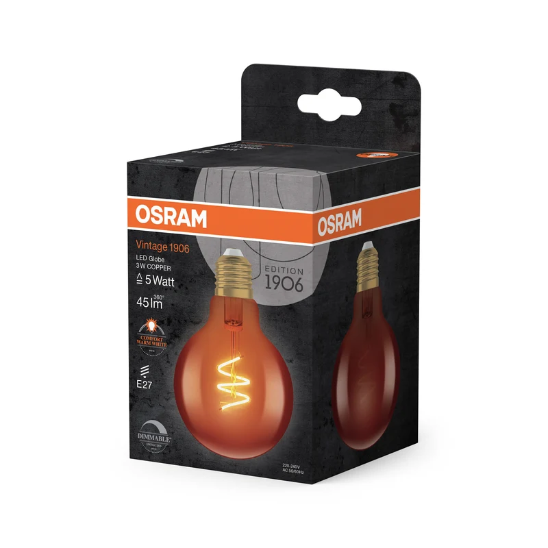 OSRAM Vintage 1906 LED Leuchte CLASSIC SLIM FILAMENT Globe dimmbar 3W 618 Kupfer E27