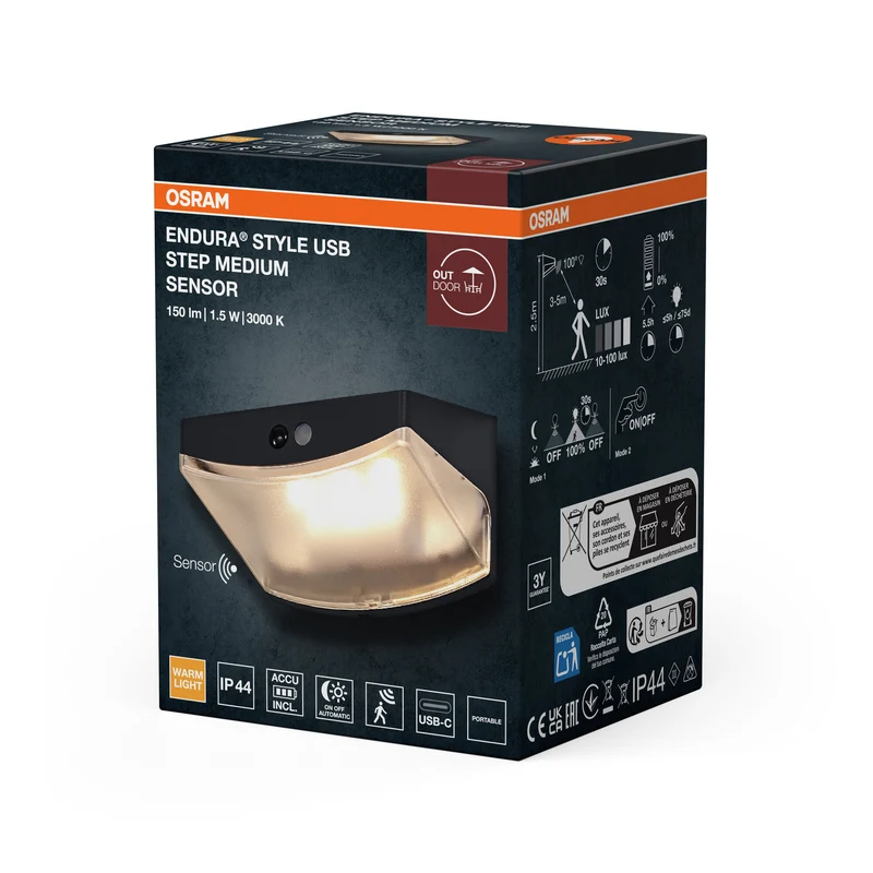 OSRAM Außenwandleuchte, Dark Grey, Akku mit USB‑C, 1,5 W, 3000 K, 120 lm, 120° Abstrahlwinkel, IP44, PIR‑Bewegungsmelder, 30 s Schaltzeit, 25. 000 h Lebensdauer
