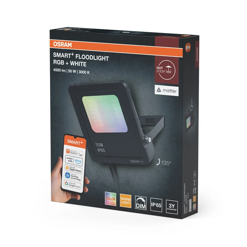 OSRAM SMART+ MATTER Floodlight LED-Fluter, 10W, 800lm, RGBW 16 Mio. Farben, 3000K, WiFi, Matter, Alexa/Google, IP65