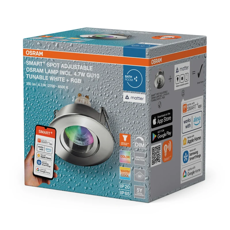 OSRAM Matter SMART+ LED smarter Einbauspot Bad GU10 IP65 schwenkbar 4.7W RGBW Chrom ⌀68 mm