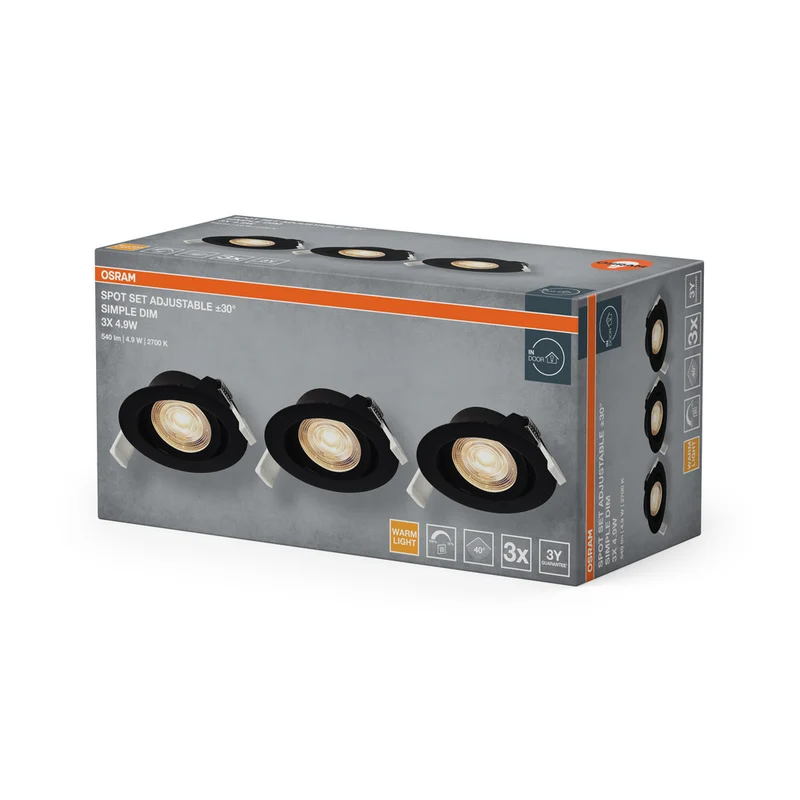 OSRAM LED Spot Recess Einbaustrahler Set Simple DIM 4.9W 40° Schwarz ⌀75 mm