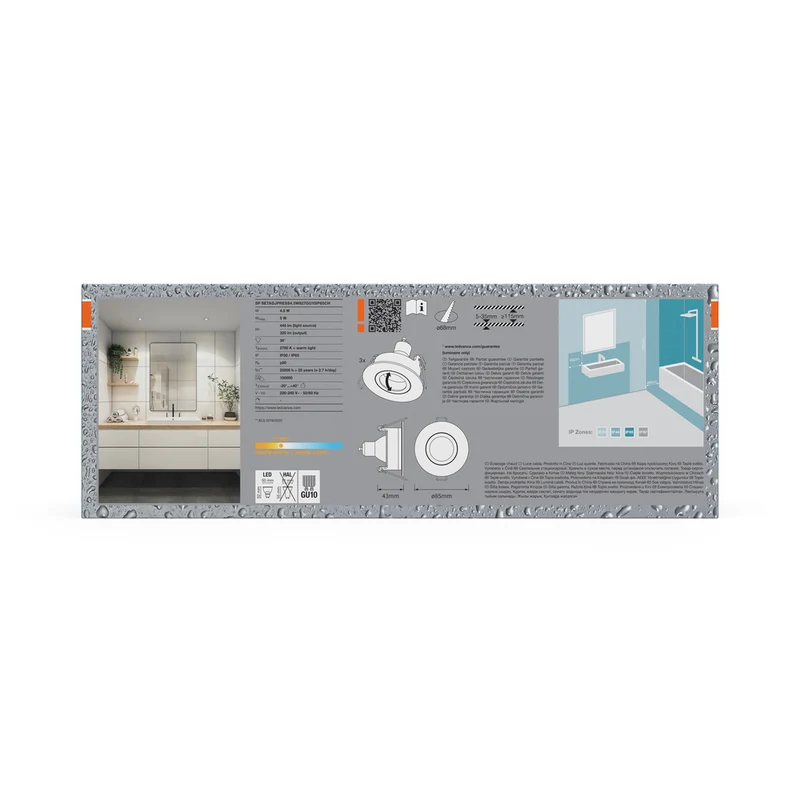 OSRAM LED Spot Recess Einbaustrahler Bad Set GU10 IP65 4.5W Chrom ⌀68 mm