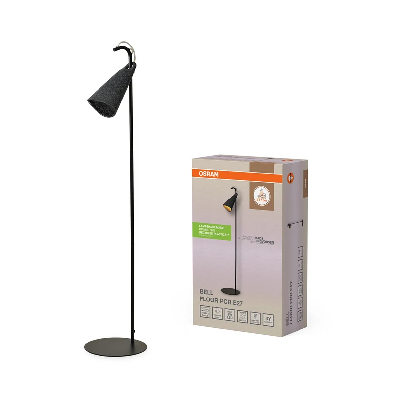 OSRAM Decor Bell Stehleuchte E27 Schwarz 250mm, Stehlampe, Metall, PCR, mit flexibel einstellbarem Schirm