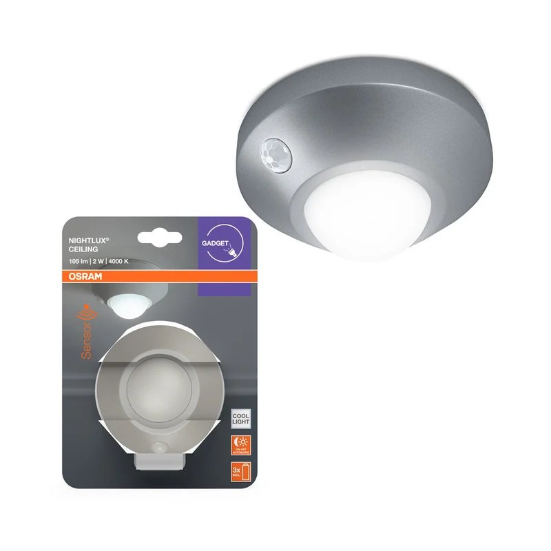 OSRAM NIGHTLUX® LED Deckenleuchte / Nachtlicht mit Sensor batteriebetrieben 2W / 4000K Kaltweiß, grau