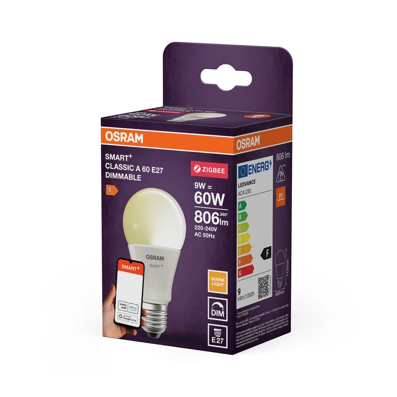 OSRAM SMART+ ZIGBEE Classic Dimmable in A-Form, LED-Lampe, Matt, 9 W, 806 lm, 2700 K, Wifi, Google Assistant, Amazon Alexa, Smartspeaker-Kompatibel, Dimmbar, CRI 80
