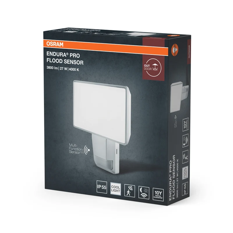 OSRAM LED-Strahler Flutlicht mit Sensor, 27W, neutralweiß, 3000lm, IP55, schwenkbar, für Außenbereiche, Parkplätze und Eingangsbereiche