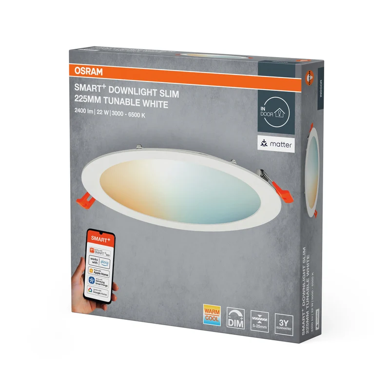 OSRAM Matter SMART+ RECESS SLIM DOWNLIGHT Ø 225mm, T TW / 22 W Tunable White, 3000…6500K