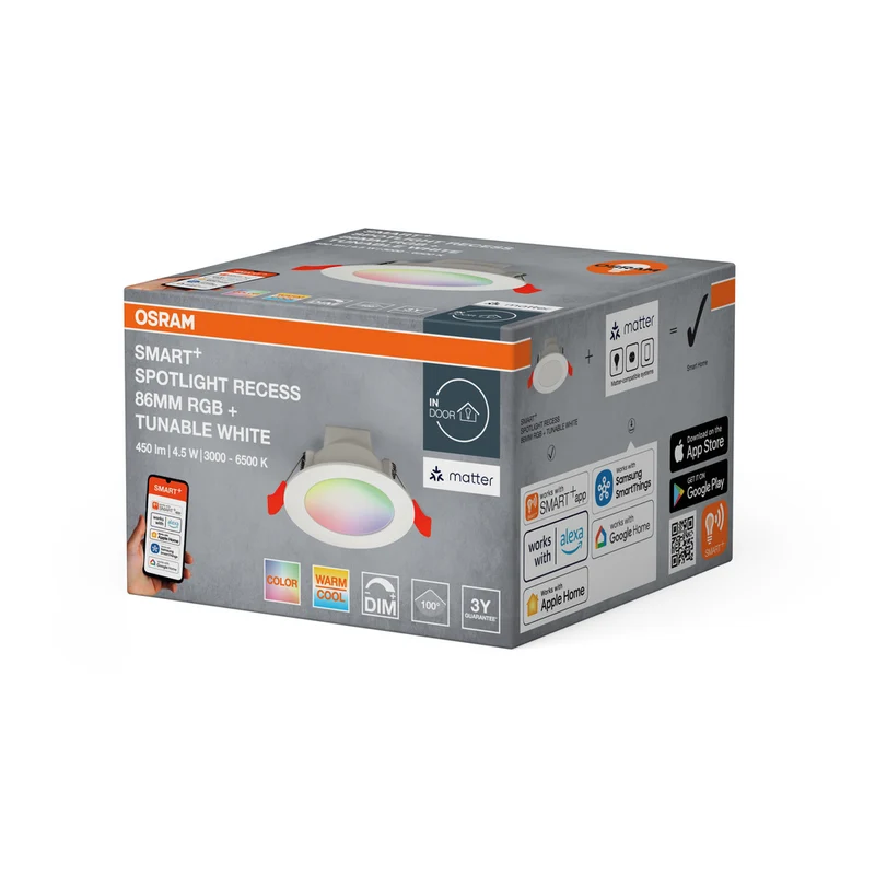 OSRAM Matter SMART+ RECESS DOWNLIGHT Einbaustrahler, Ø 86mm, RGB 4W, Tunable White, 2700…6500 K