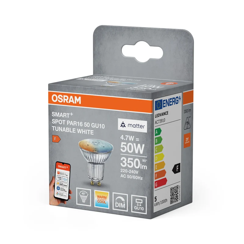 OSRAM SMART+ MATTER Spot Tunable White in PAR16-Form, LED-Spot, Glas, 4,7 W, 350 lm, von 2700 bis 6500 K, Matter, Smartspeaker-Kompatibel, Dimmbar