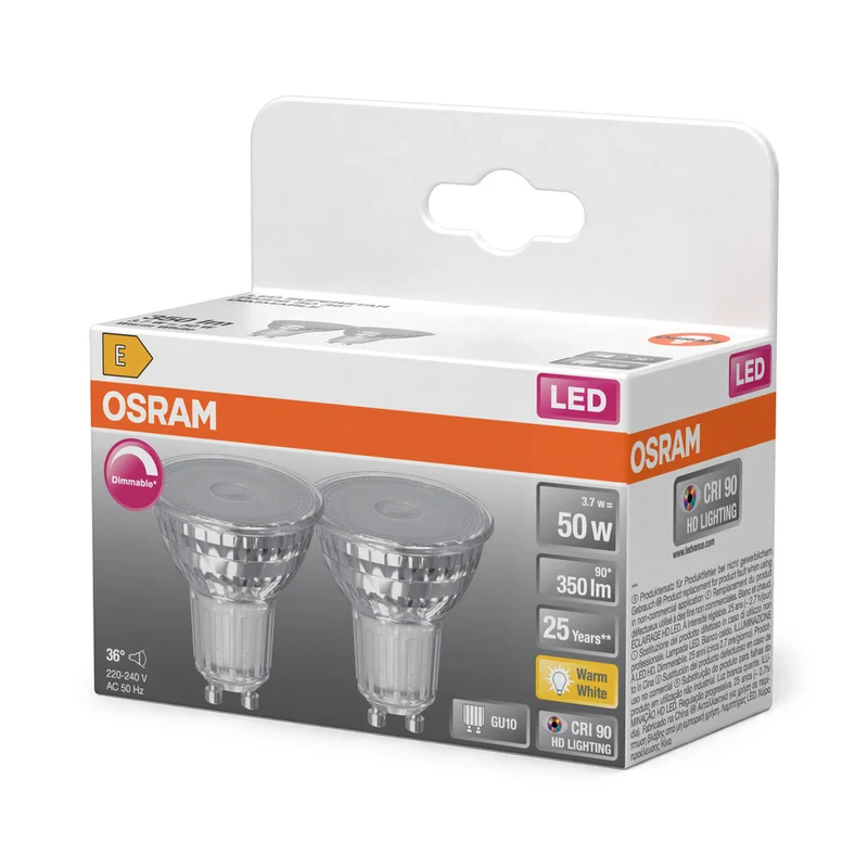 OSRAM Superstar Reflektorlampe für GU10-Sockel, klares Glas ,Warmweiß (2700K), 350 Lumen, Ersatz für herkömmliche 50W-Leuchtmittel, dimmbar, 2er Pack